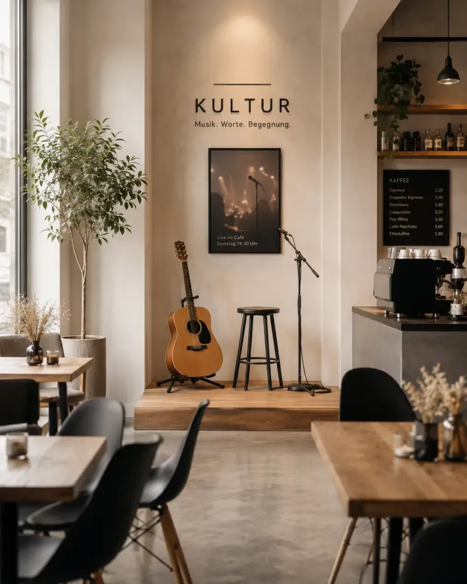 Podest mit Gitarre, Barhocker und Mikrofon im Kaffeehaus K3